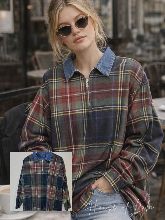 Vintage Tops - Vintage 90s Grunge Plaid Pullover Denim Collar Half Zip Oversized Top M/L